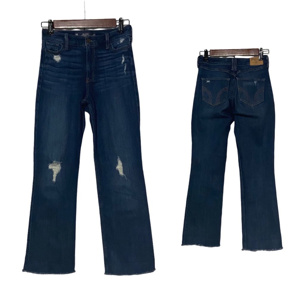 Hollister Jeans Straight Jean High Rise Womans Distressed Raw Hem Jeans Blue